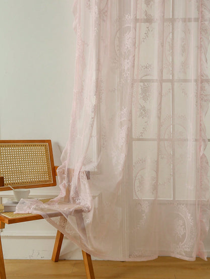 1Pc Pink Circle Eyelet Voile Curtain, French Style Elegant with Ruffle Edge, Suitable for Bay Window, Living Room, Bedroom, Office, Kitchen, Study Room, Home Decor