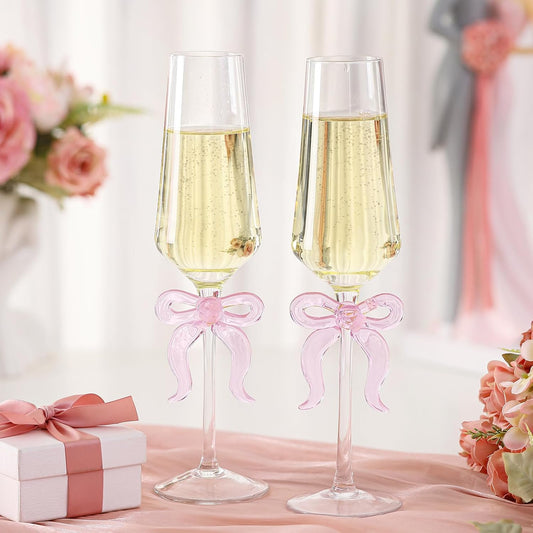 2 Pack Bow Wine Glasses Pink Bow Clear Champagne Glasses 7.5 Oz Delicate and Elegant Pink Coupe Decorative Coquettish Container for Weddings Birthdays High-End Crystals