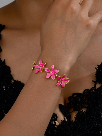 1Pc 18K Gold Plated Enamel Flower Shaped Vintage Elegant High-End Women'S Jewelry Bracelet, Spring/Summer New Arrival Valentines,Mom,Mother,Mother'S Day,Gift