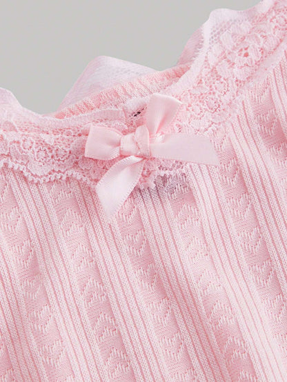 MOD Cute Pink Tank Top with Pleated Lace Patchwork Bow, Singlet, Pink Tank Top, Fall Outfit, Bow Top, Cute School Top, Back to School Top