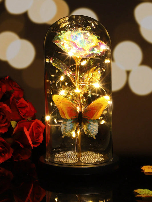 1Pc Preserved Rose Flowers Light, Eternal Rose LED Light Foil Flower in Valentines Day Gift for Girlfriend, Birthday Wedding Party Home Decor(Rhinestone Butterfly Model), Valentine Day, Gift Gifts Graduation