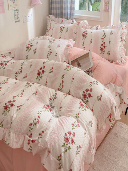 4 Pieces Bedding Set Including 1 Duvet Cover, 1 Bed Sheet, 2 Pillowcases (Inner Not Included), Korean Style Lace Washed Fabric